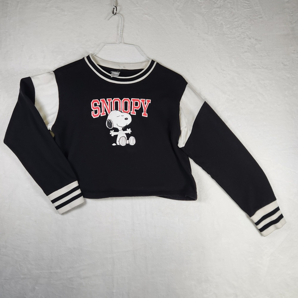 Peanuts Snoopy Cropped Sweatshirt Black White Varsity Style‎ Womens L